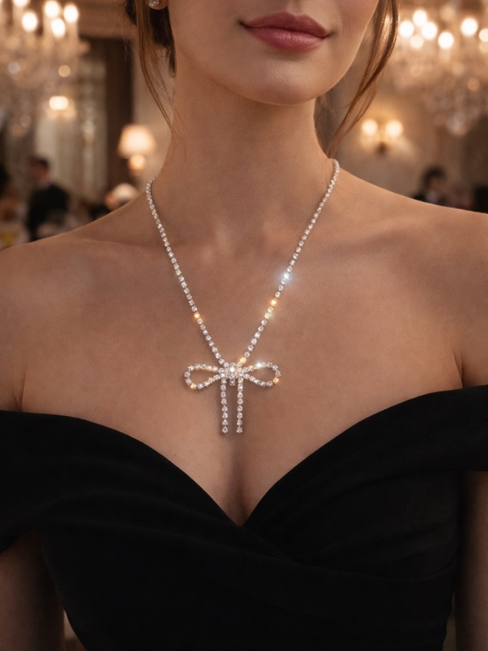 Elegant Rhinestone Bow Pendant Necklace- NIB